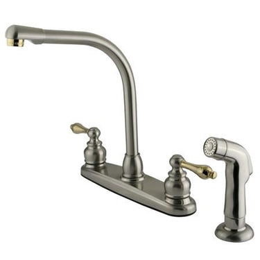 Kingston Brass Victorian High Arch Kitchen Faucet with Lever Handles and Sprayer, Satin Nickel with Polished Brass Kitchen Faucet Kingston Brass